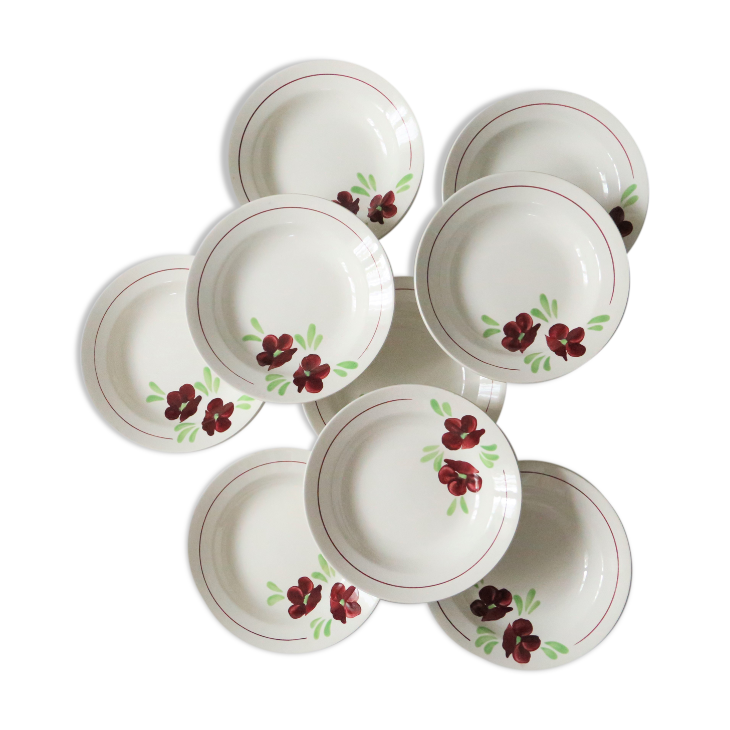 Set of 9 Salins hollow plates, Ninon pattern, French vintage, authentic, rare, countryside