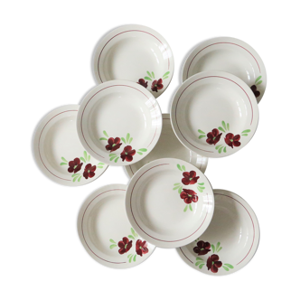 Set de 9 assiettes creuses Salins, motif Ninon, vintage français, authentique, rare, campagne