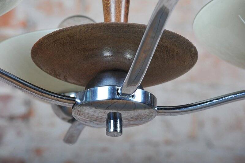 Art Deco Chandelier in Chromed Steel and Beech, Czech, 1920s
