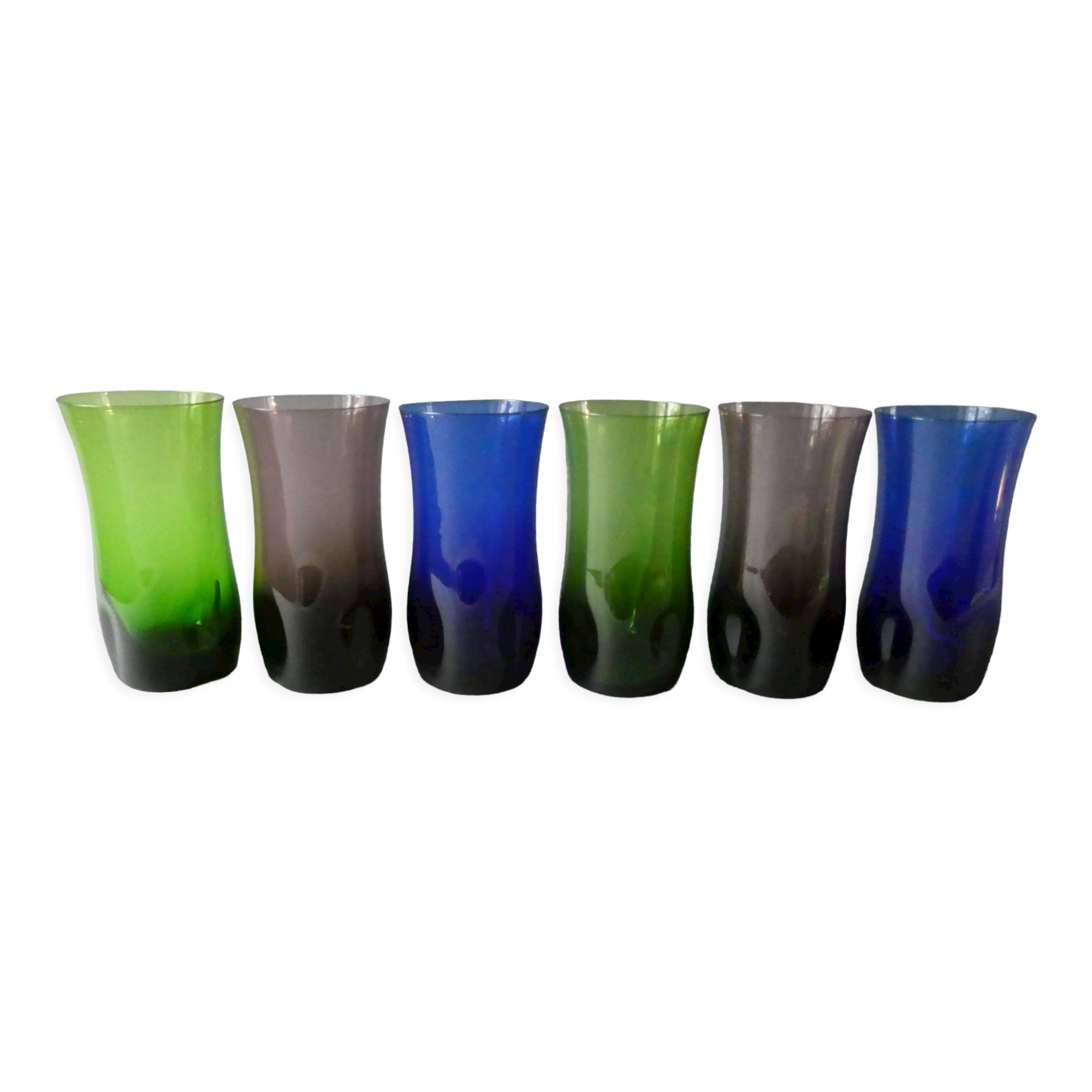 6 blown and pinched glass glasses from the 50s and 60s