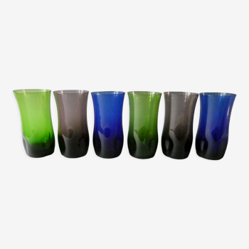 6 blown and pinched glass glasses from the 50s and 60s