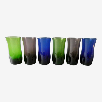 6 verres en verre soufflé et pincé des années 50-60