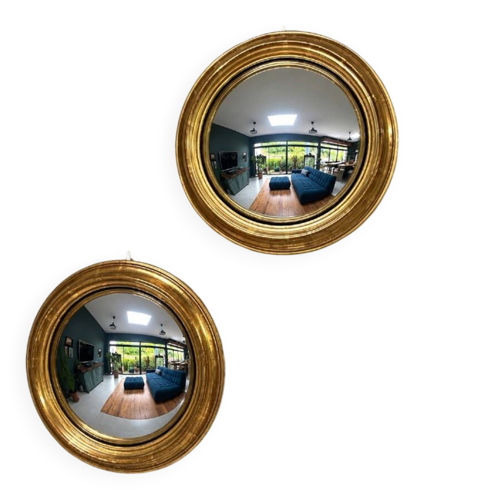 Paire de miroirs anciens 22,5cm de sorcière doré à la feuille d’or