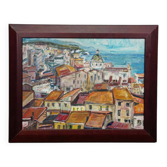 Oil painting by Alexander Michael of a coastal town in southern Italy, 1978.
