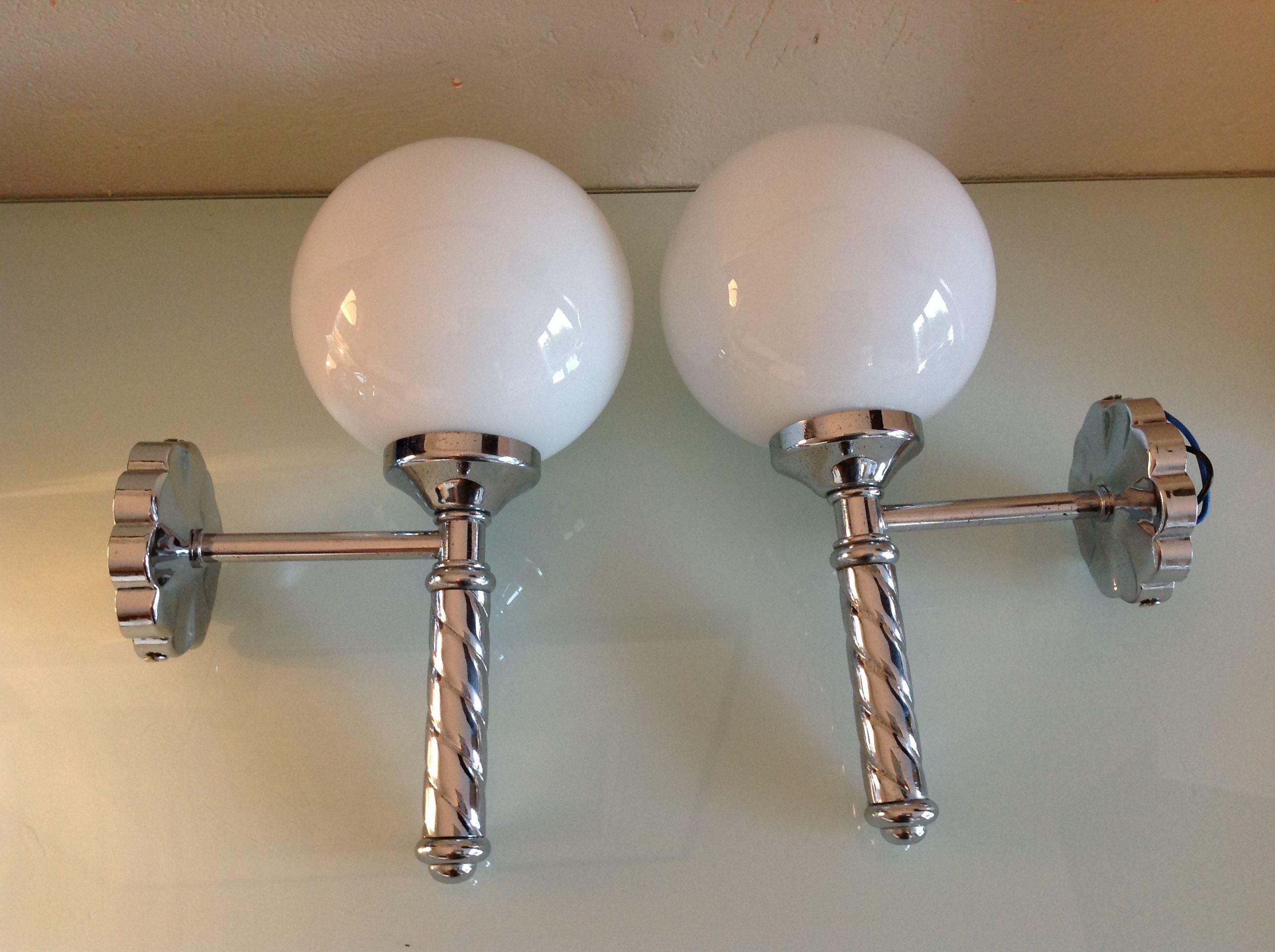 Pair of globe wall lamps in white opaline and chrome/vintage metal 70s