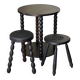 Set of side table and 2 stools, stained black wood, Circa 1950.