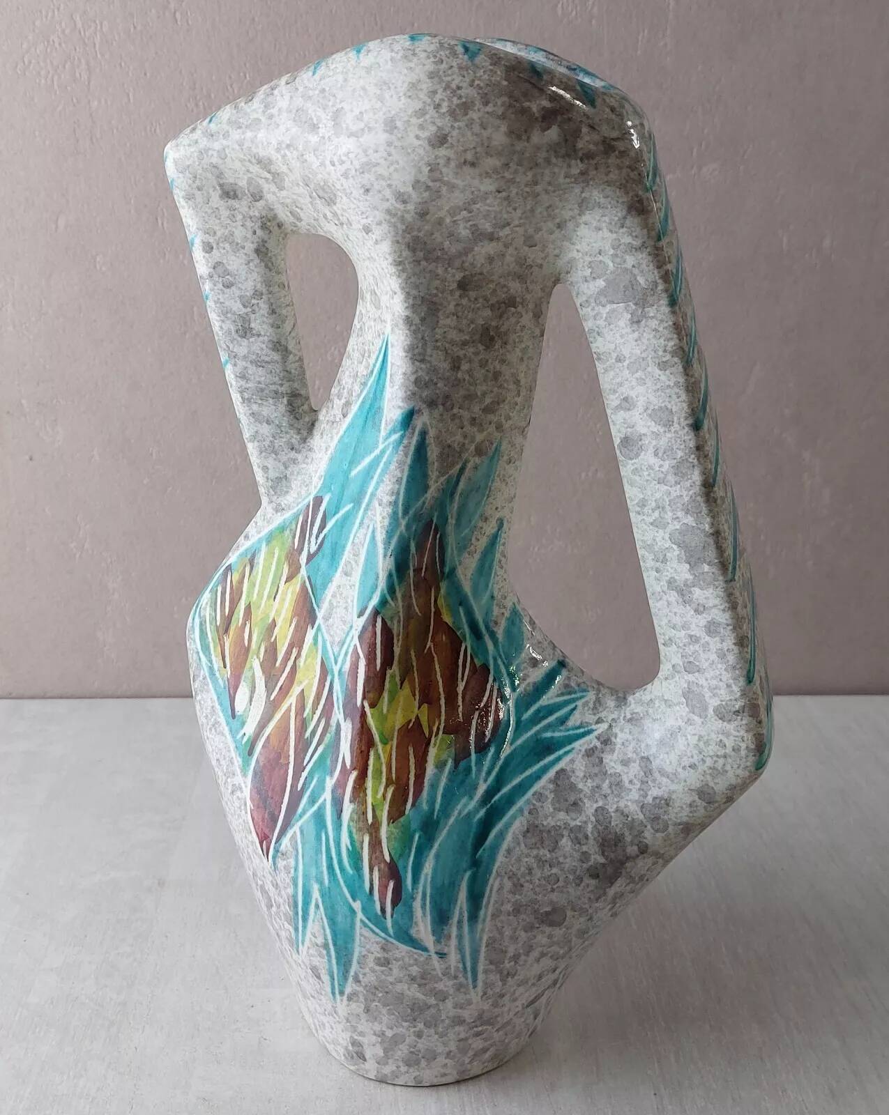 Old zoomorphic vase with fish decoration, by A. Borty, from Vallauris