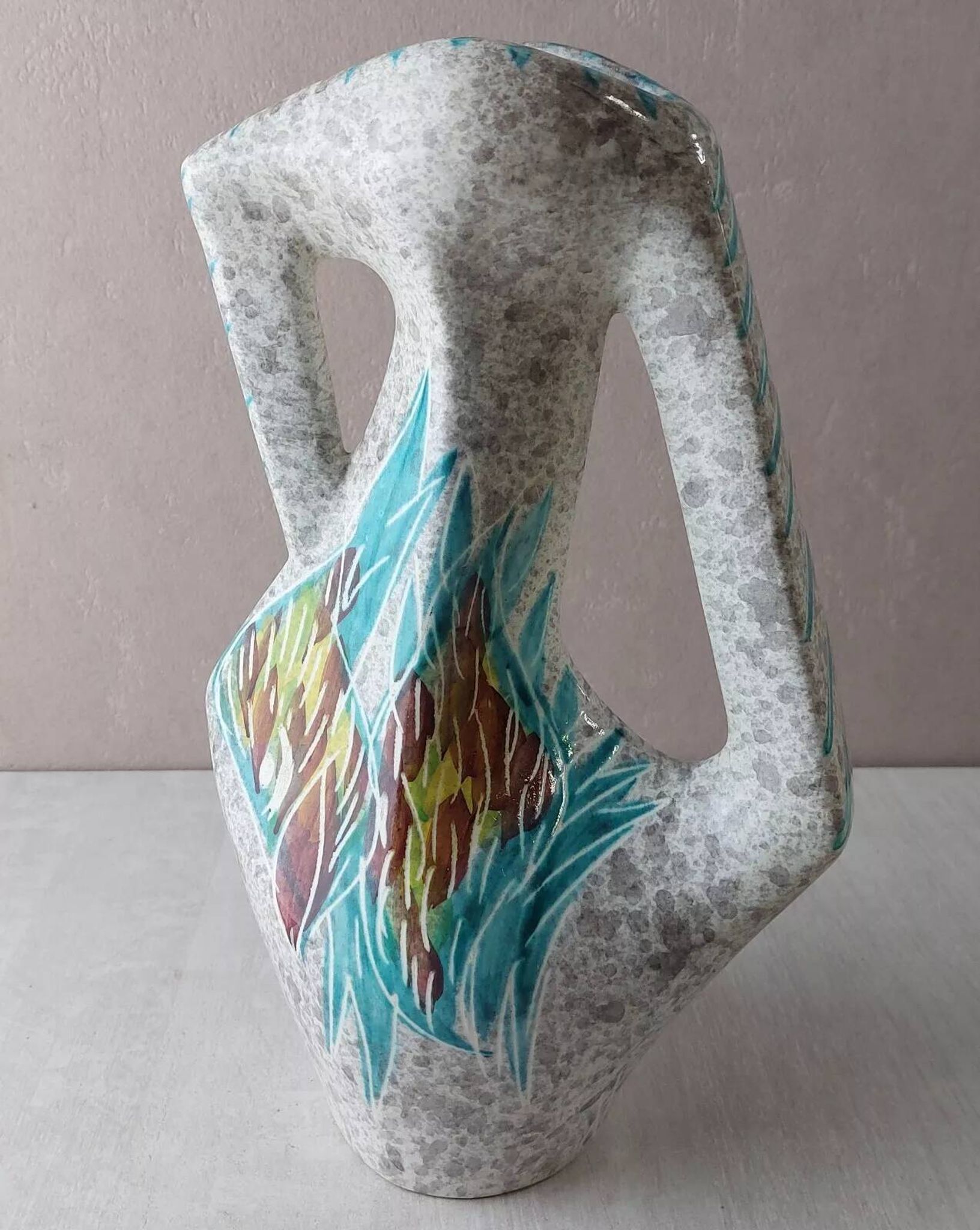 Old zoomorphic vase with fish decoration, by A. Borty, from Vallauris