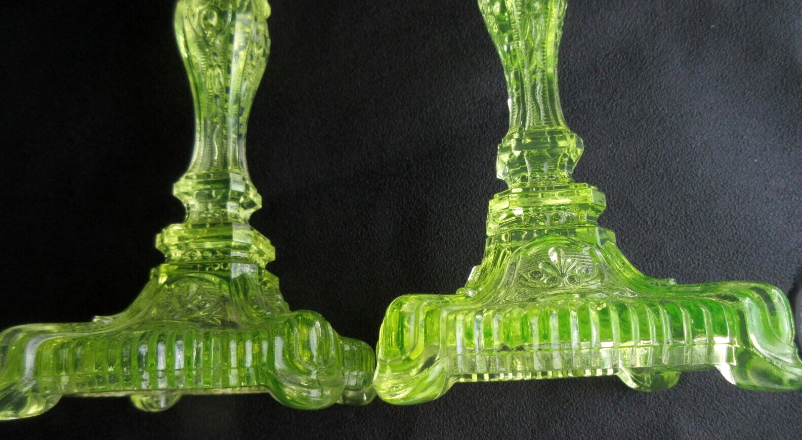 2 old yellow uraline glass candle holders signed portieux