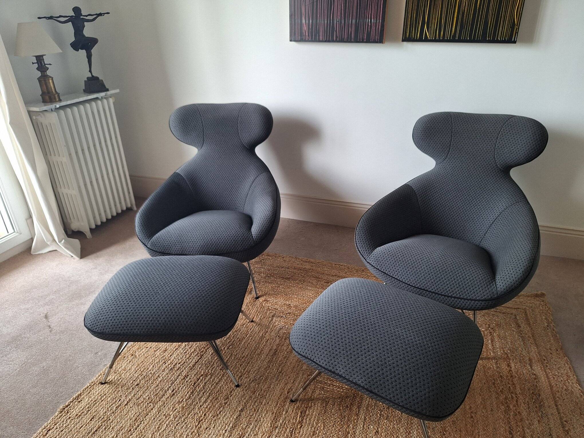 2 roche bobois spoutnik lounge armchairs with footrests
