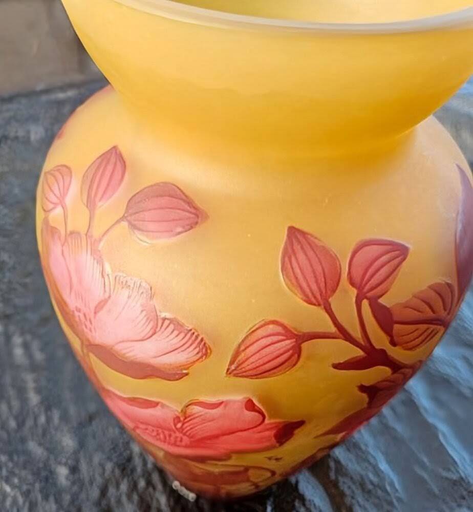 Art Nouveau vase by Émile Gallé - Cameo glass with yellow and pink floral design.