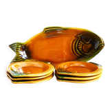 Flat fish set and 6 barbotine plates, vintage fish set