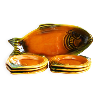 Service à poissons plat et 6 assiettes barbotine, service poissons vintage