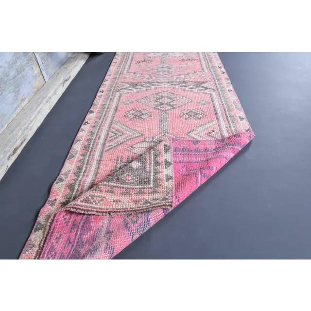 Vintage Turkish Oushak handmade wool cotton pink runner rug 84x379