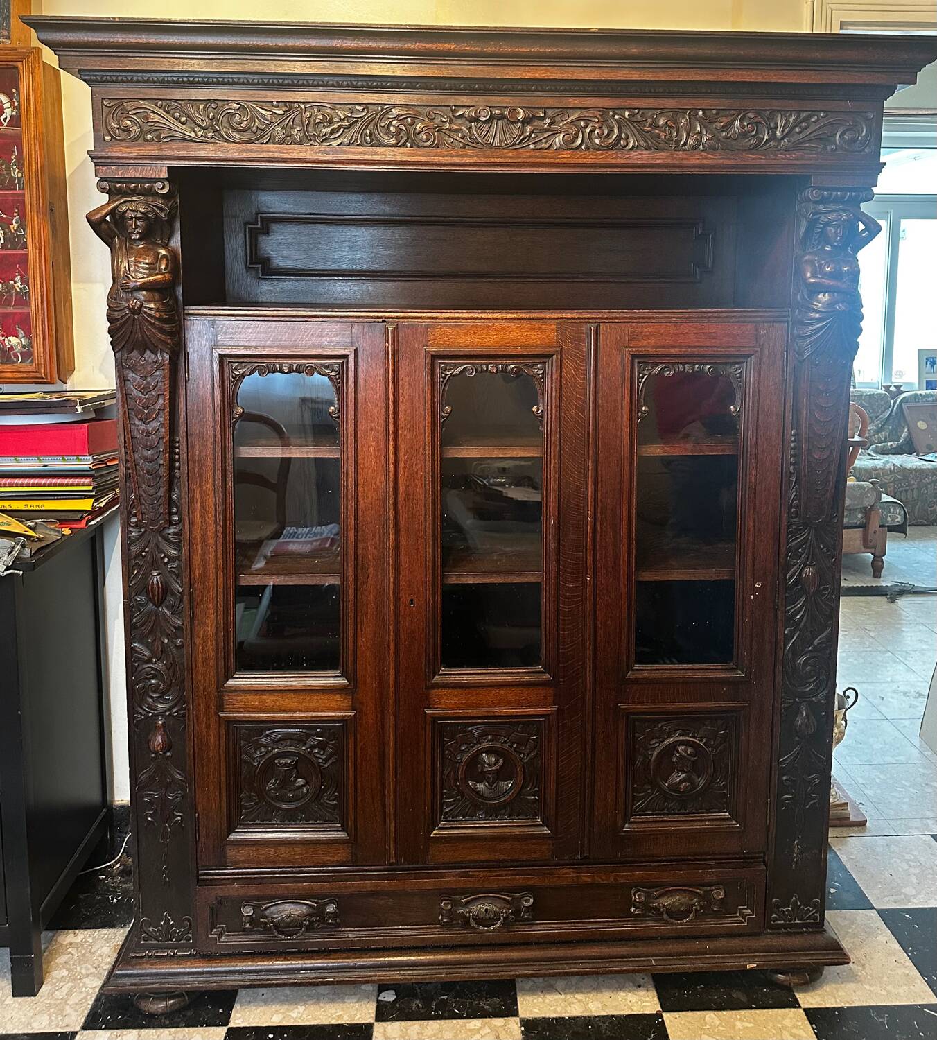 Large Renaissance Style Library Solid Oak 19th Century