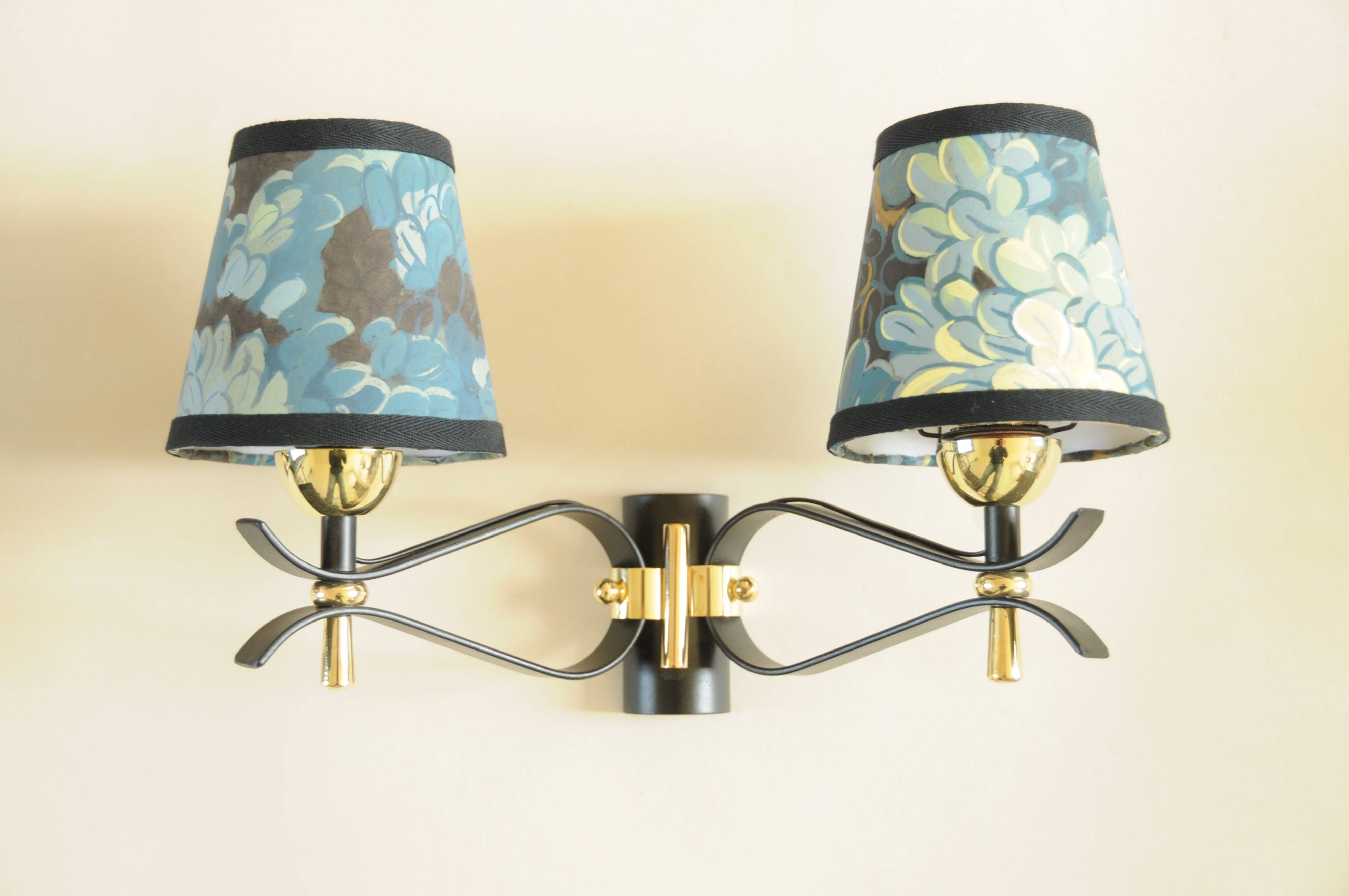 Pair of vintage black and gold wall lights - 18th century foliage lampshade