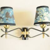 Pair of vintage black and gold wall lights - 18th century foliage lampshade