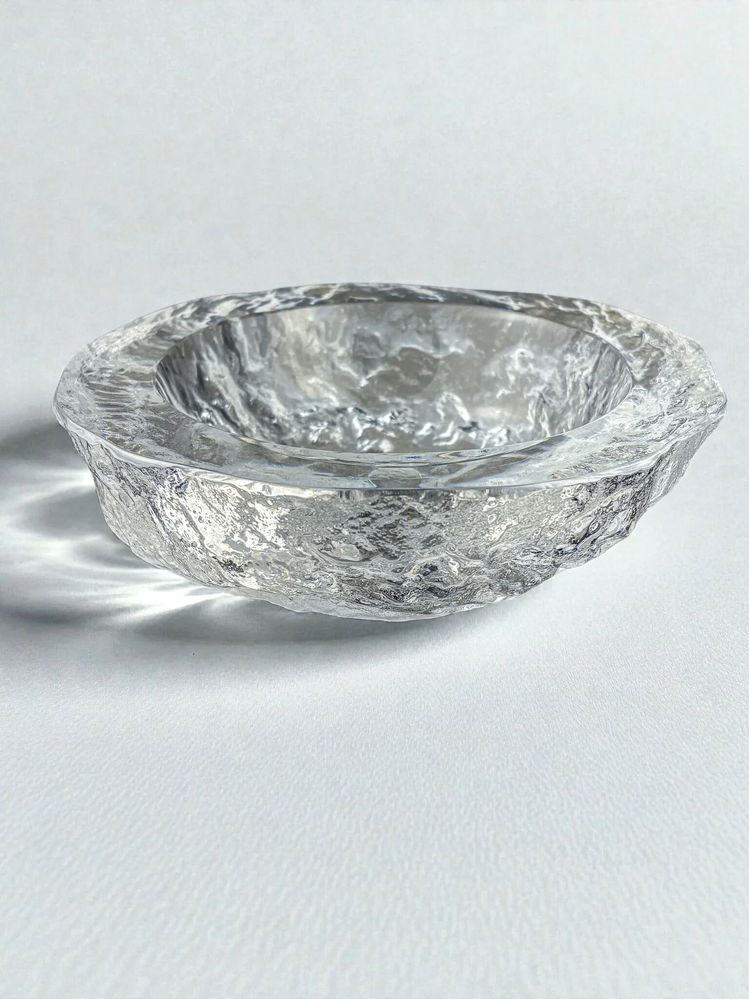 Brutalist "Iceberg" catch-all bowl, textured crystal glass, Sweden, 1970s