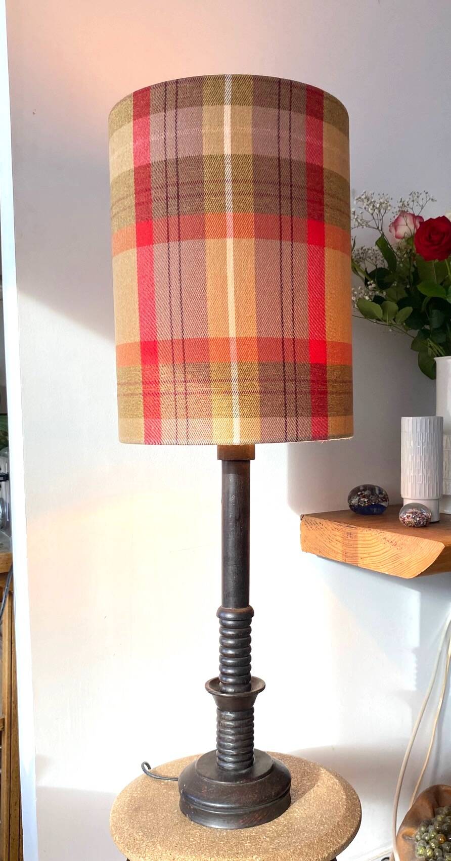 Solid wood lamp with handmade shade, 1940s.