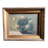 Vintage French oil painting of chrysanthemums, signed