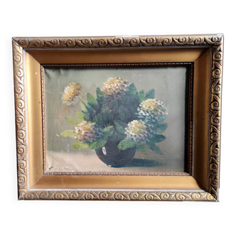 Vintage French oil painting of chrysanthemums, signed