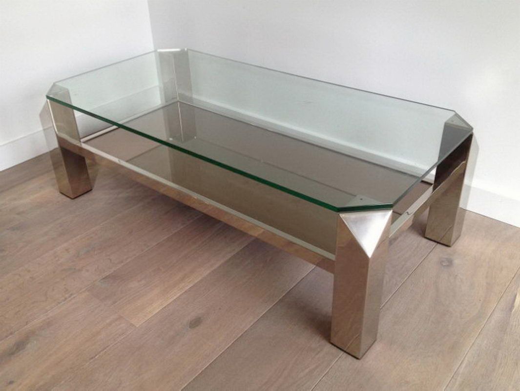 Table basse chromée à plateaux de verre et miroir