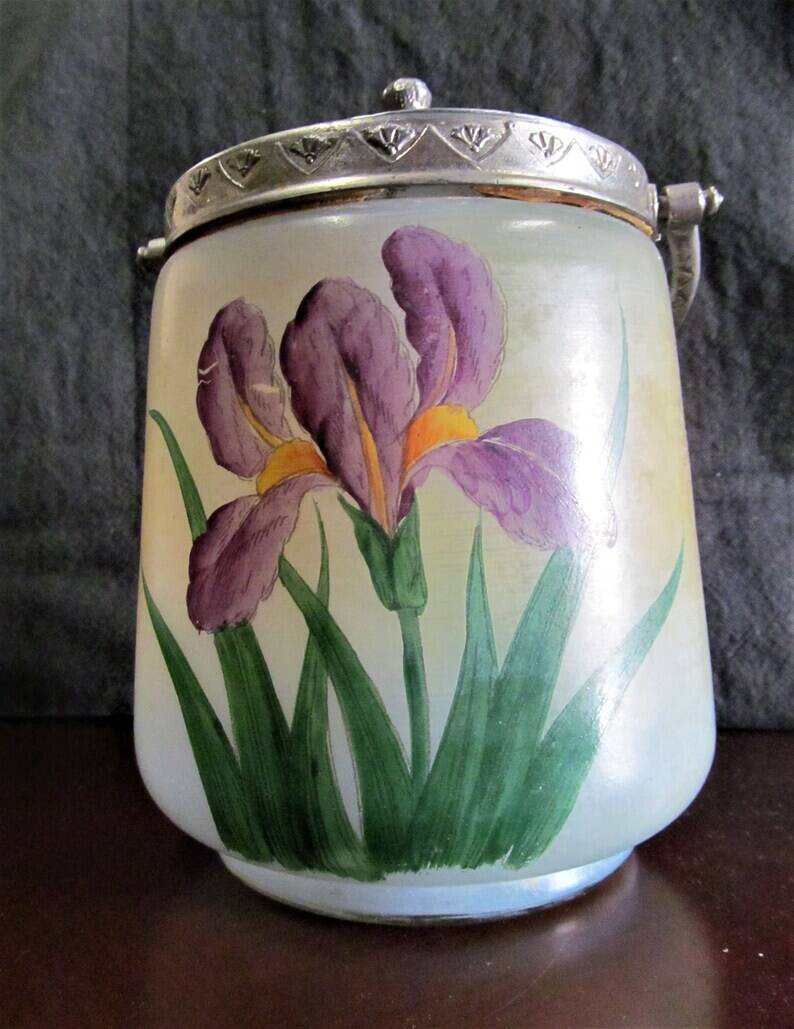 Art Nouveau Opal Glass Biscuit Jar: Hand-Painted Iris, French Candy Jar