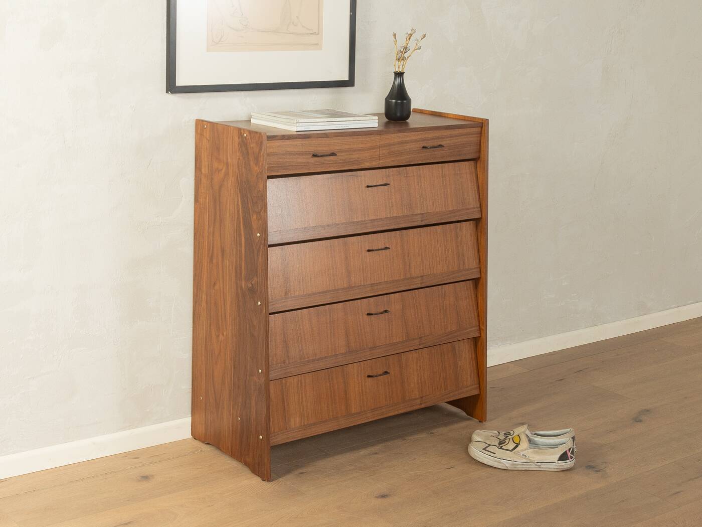 Classic shoe cabinet from the 1960s, walnut veneer, four drop-down doors, two drawers