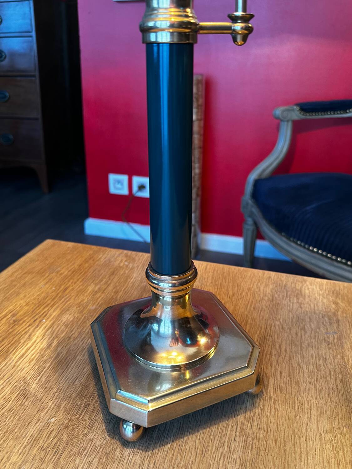 Large Empire Bouillotte Lamp in Brass and Lacquered Sheet Metal Restored - H6