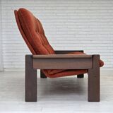 1970s, 3-seater Danish sofa, orange/red furniture velour, oak wood.