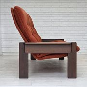 1970s, 3-seater Danish sofa, orange/red furniture velour, oak wood.