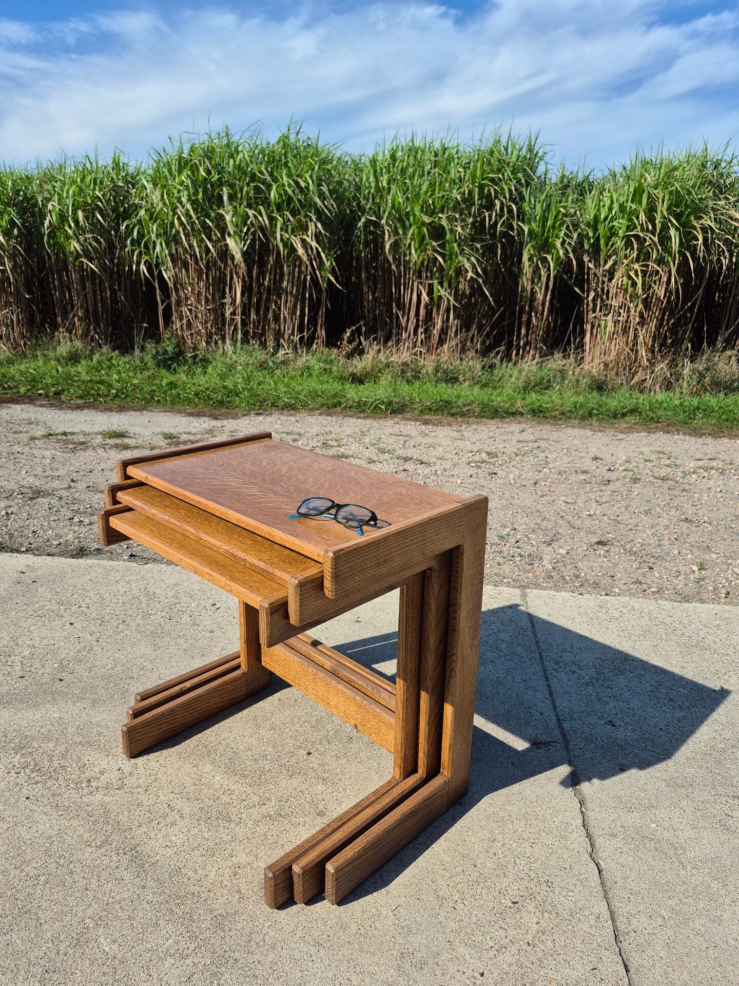 Set 3 nesting tables oak veneer 1970s brutalist