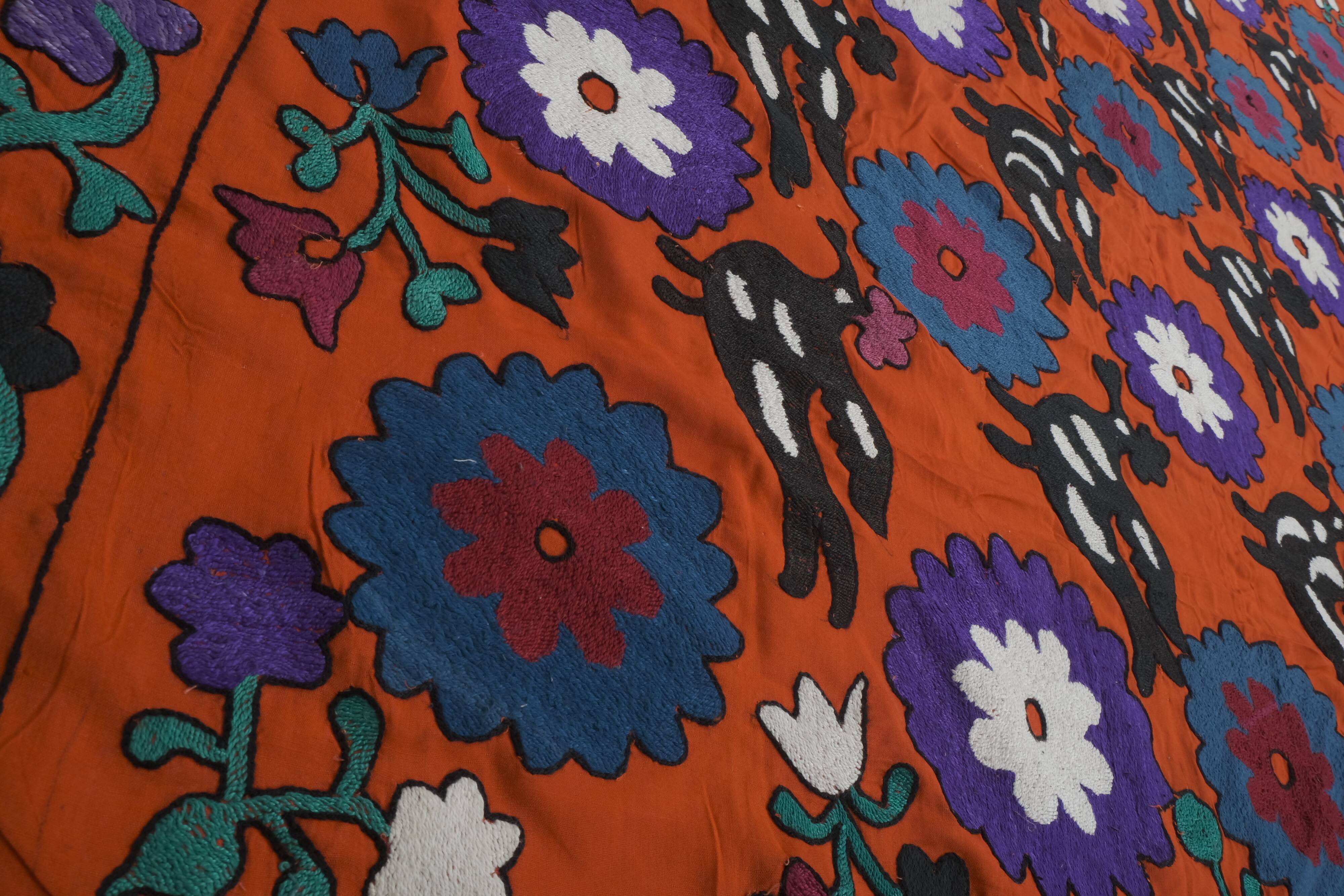 1970s folk art suzani with mythological birds, animal red uzbekistan wall decor