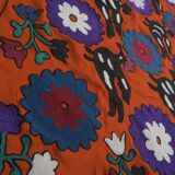 1970s folk art suzani with mythological birds, animal red uzbekistan wall decor