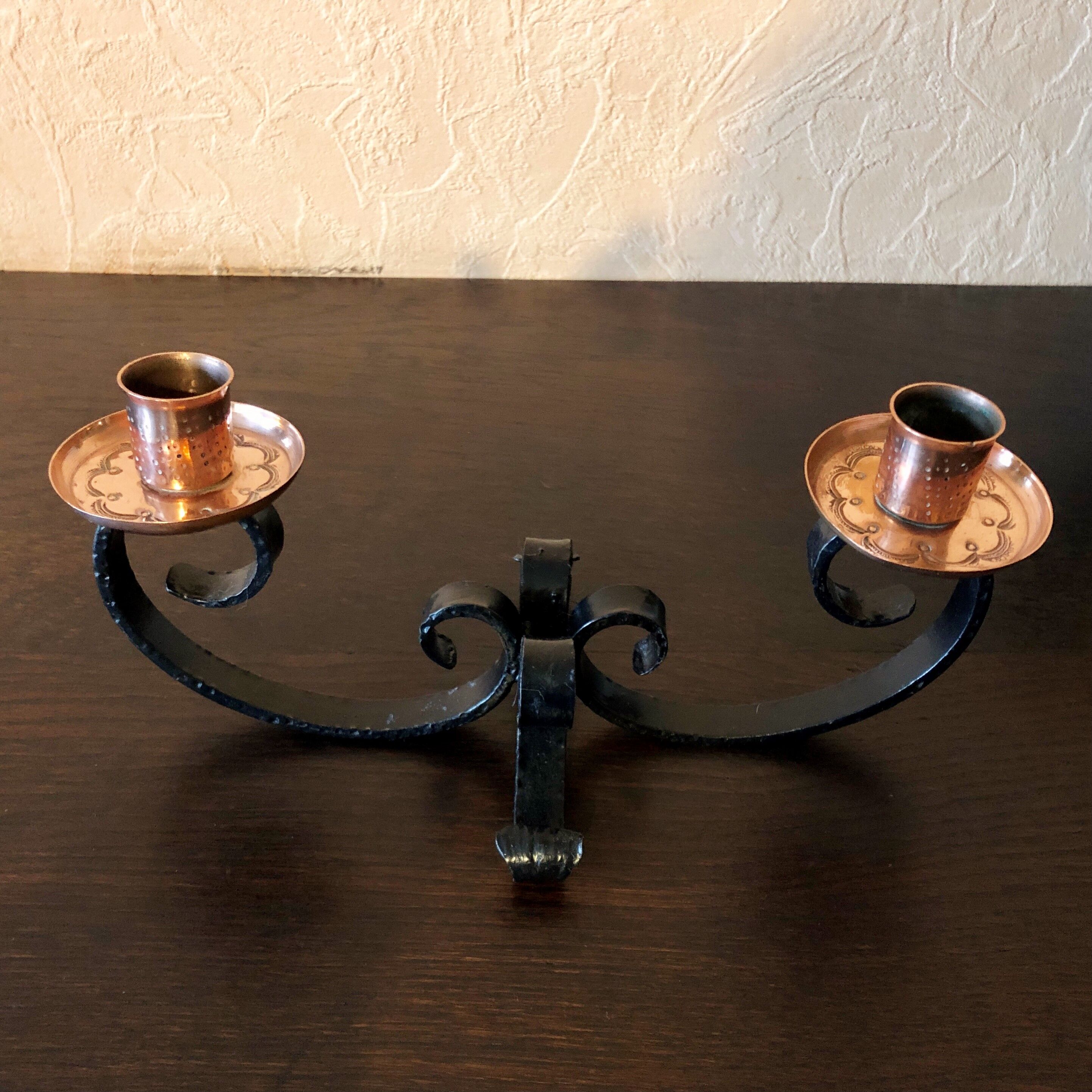 Bougeoir chandelier artisanal fer forgé et cuivre rouge ciselé