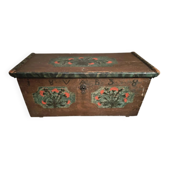 Coffre ancien français en pin – 1838, art populaire peint