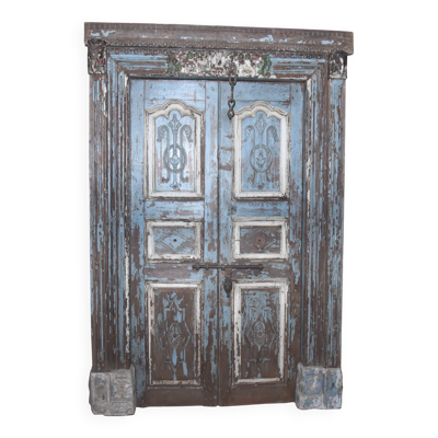 Ancienne porte indienne en vieux teck pièce et patine d'origine