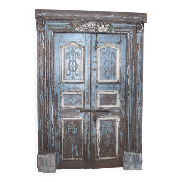 Ancienne porte indienne en vieux teck pièce et patine d'origine