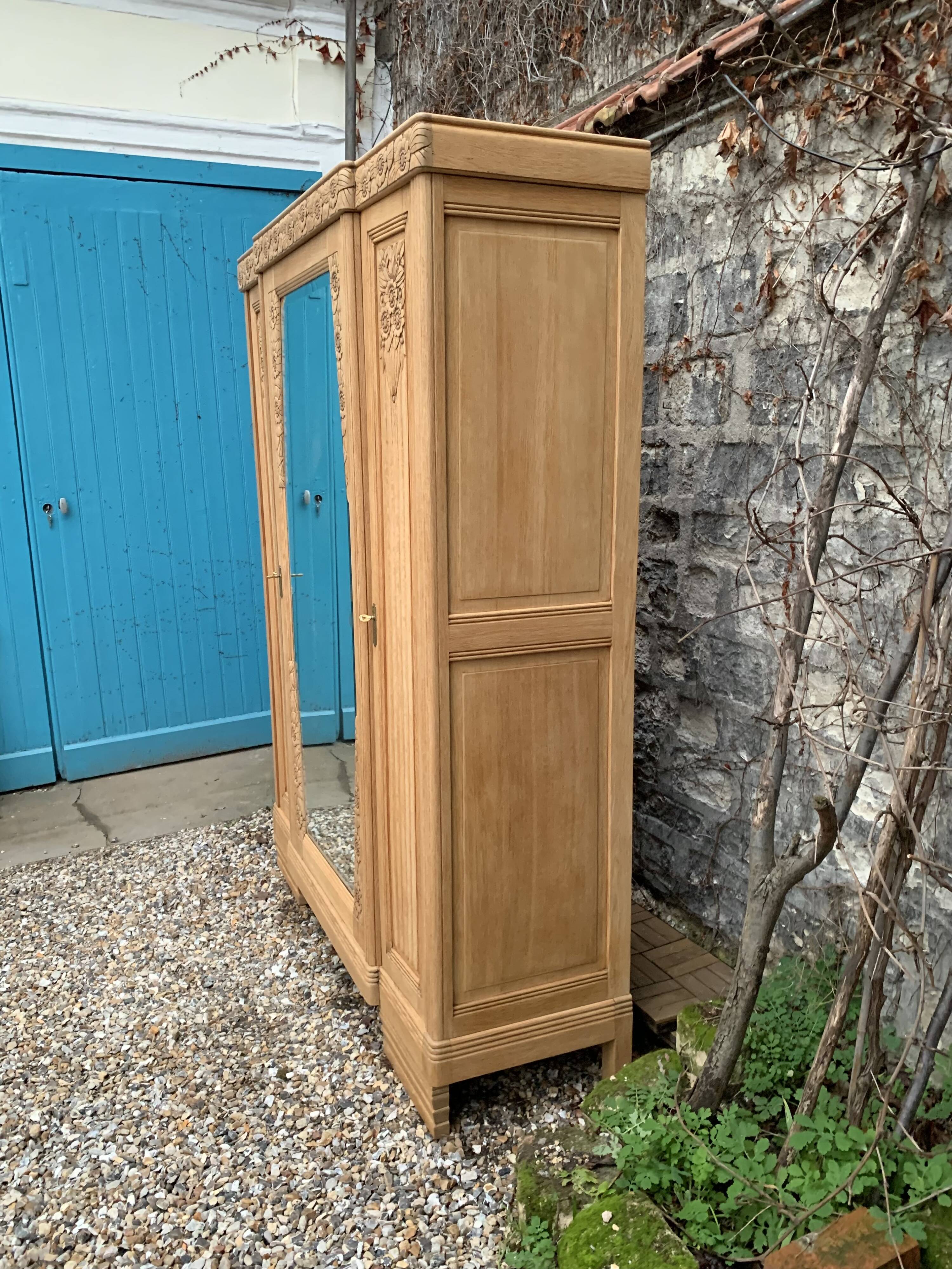 Parisian Art Deco style wardrobe in solid raw oak, 1950