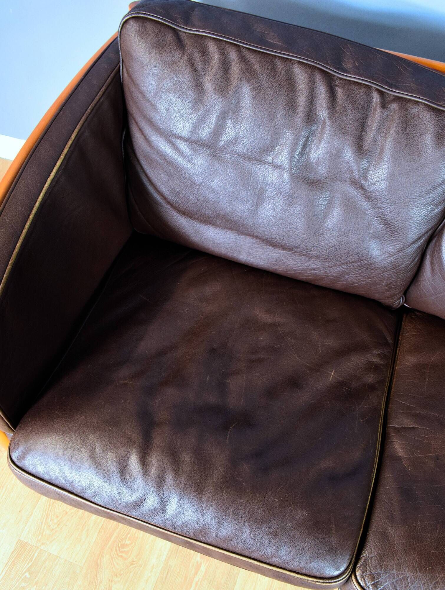 Stouby brown leather & cherry wood 3 seat sofa 1970s