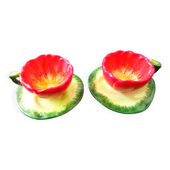 2 lovely poppy slip cups & new leaf saucers
