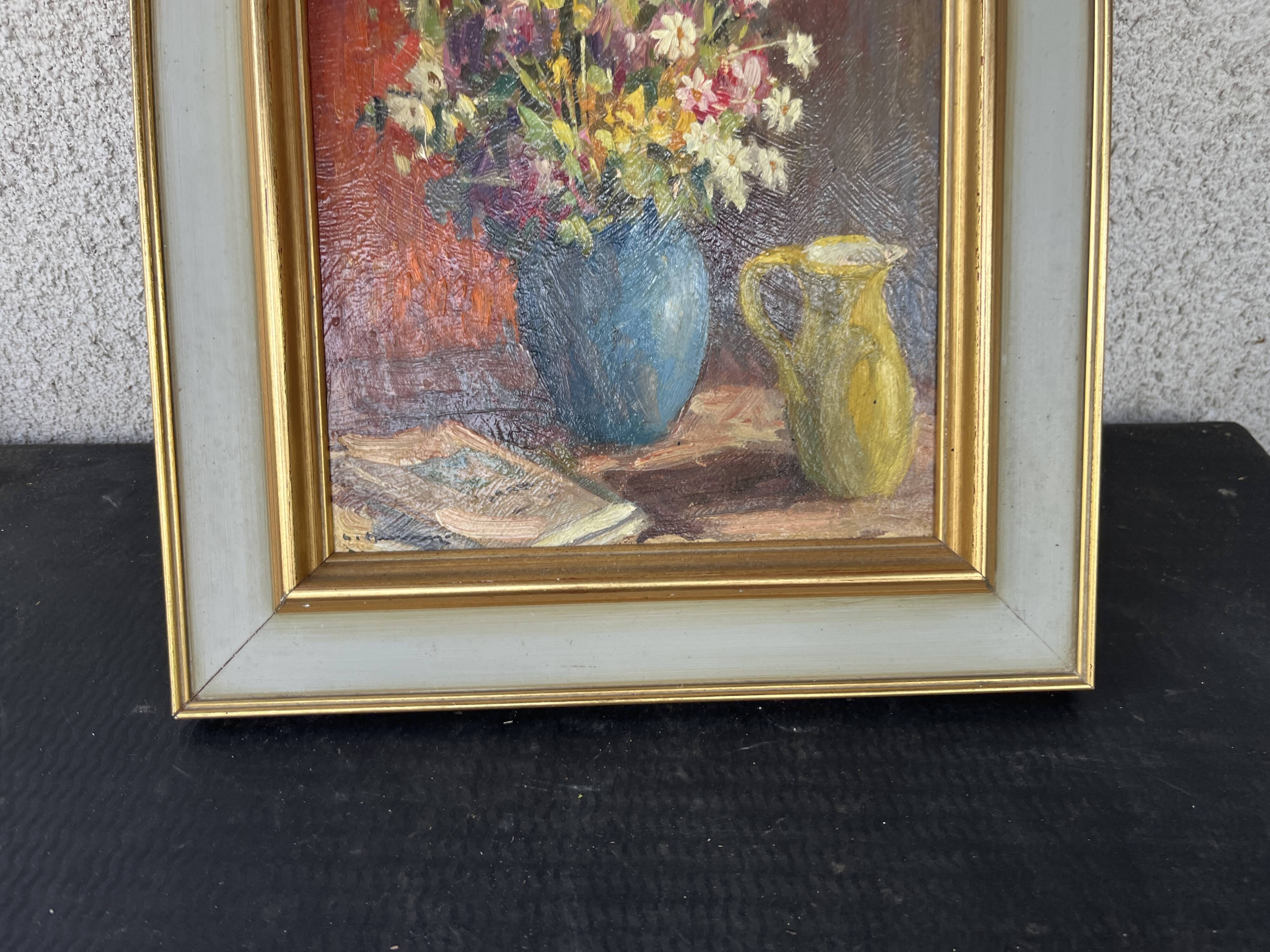 Tableau ancien nature morte "Bouquet de fleurs et pichet" – Huile sur panne