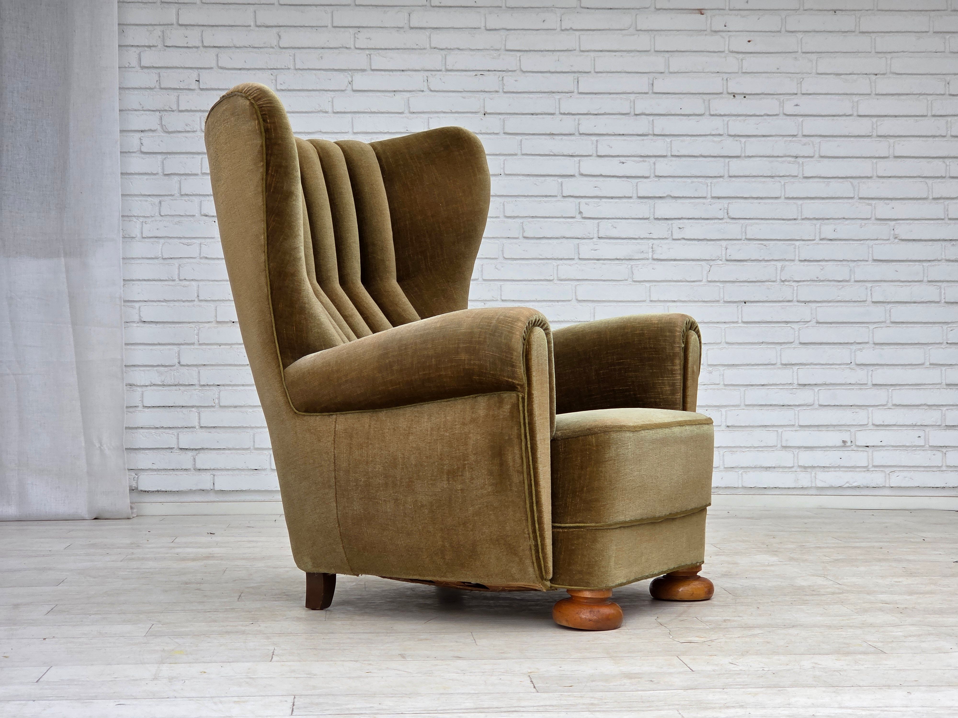 1960s, Danish highback relax armchair, green furniture velour.