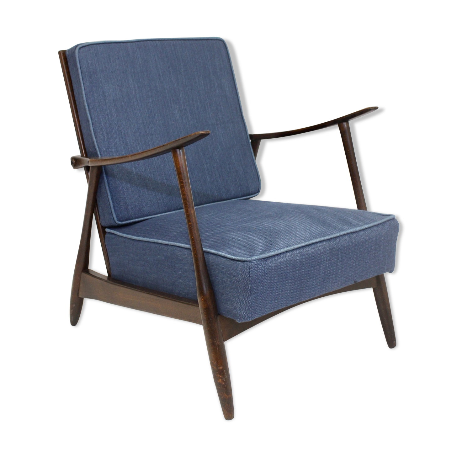 Fauteuil scandinave 1960 tissu bleu foncé effet chevron retapissé