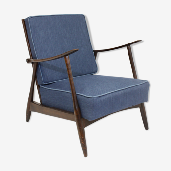 Fauteuil scandinave 1960 tissu bleu foncé effet chevron retapissé