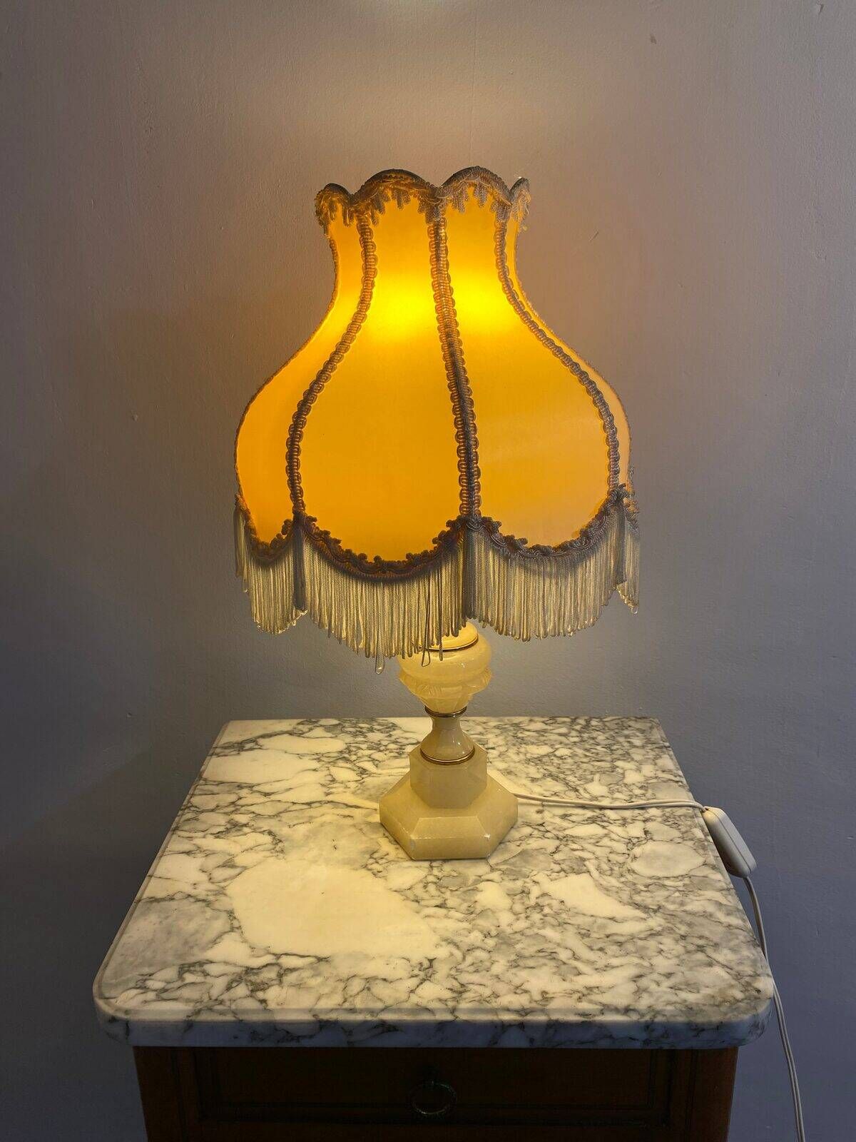 Alabaster lamp, frilled shade with fringes, 1930s-1940s.