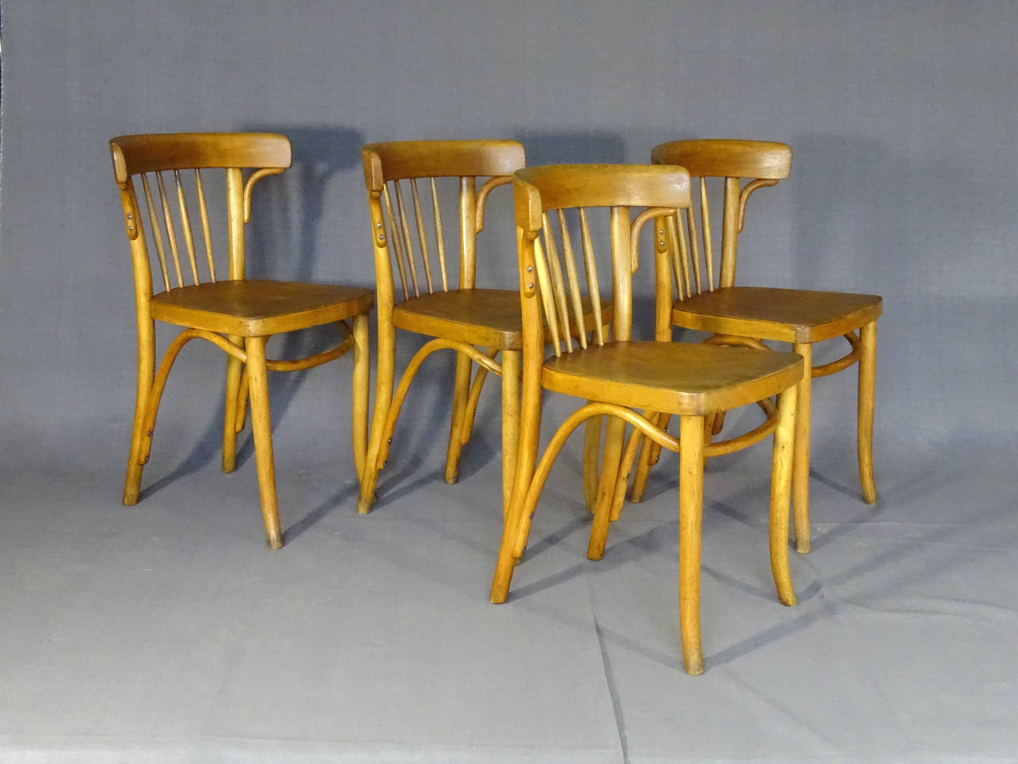 Série de 4 chaises Thonet Art déco bistrot blondes 1930