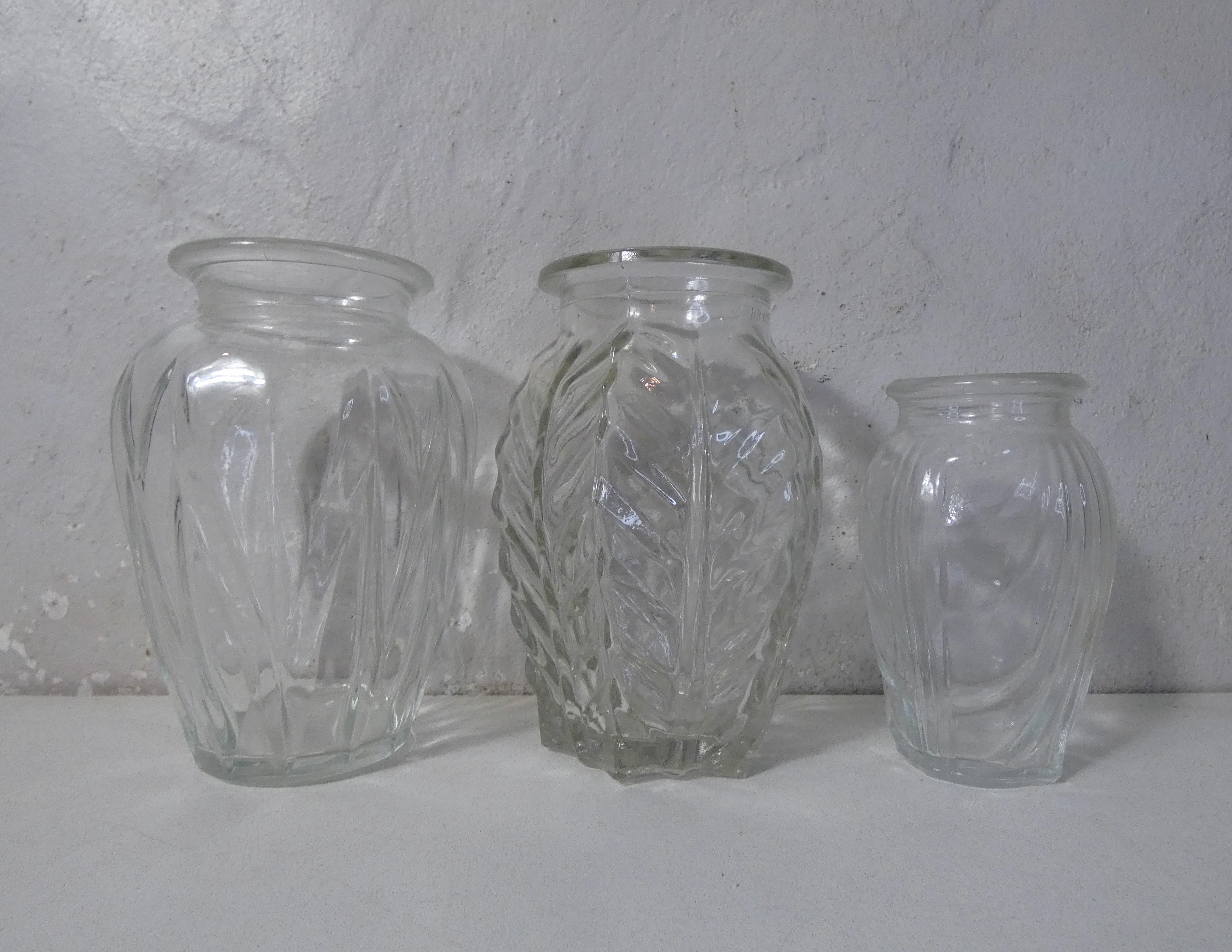 3 vintage molded glass bulbous vases 50s