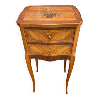 Louis XV style bedside table, marquetry, two drawers
