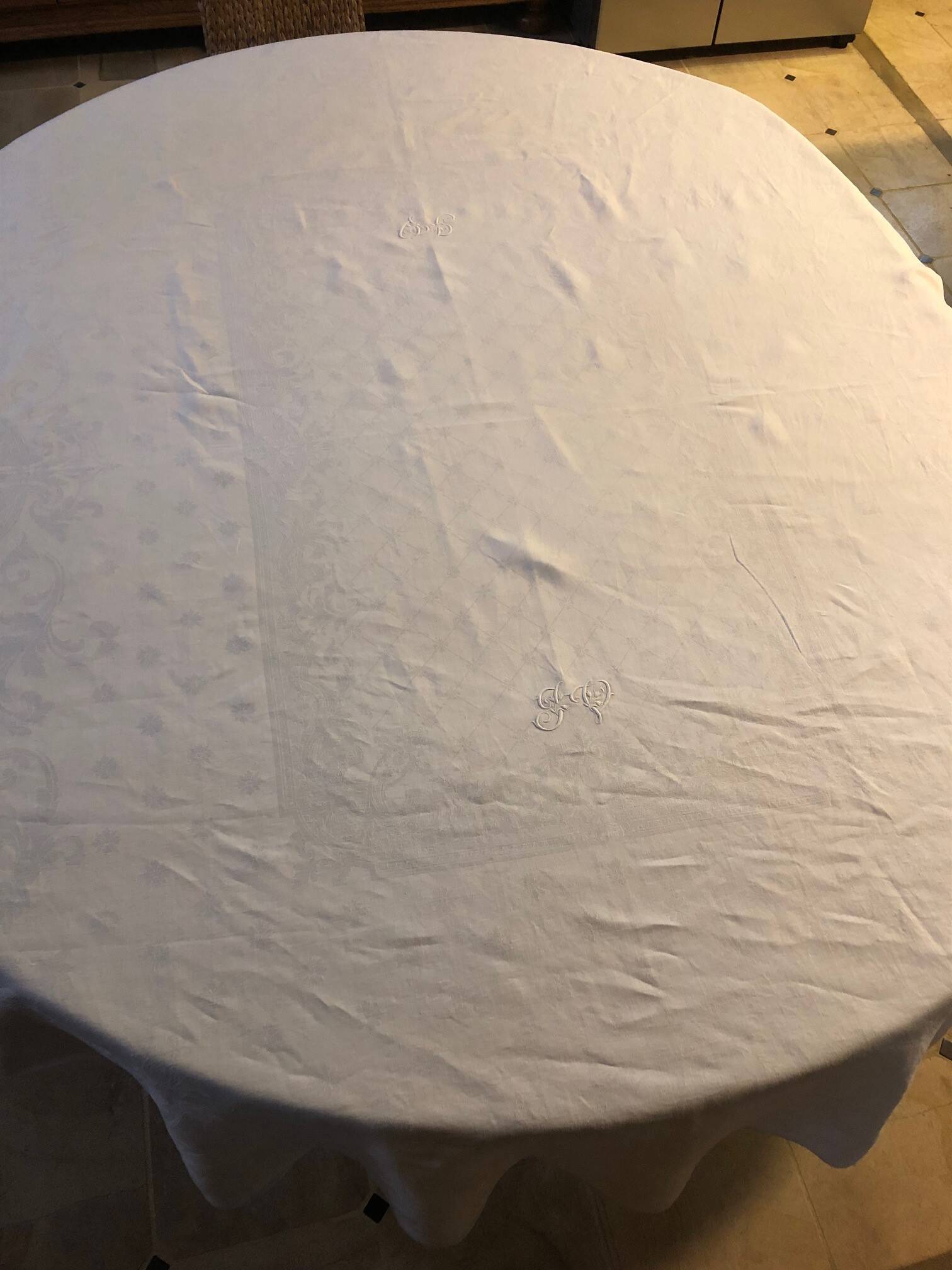 Monogrammed white linen tablecloth